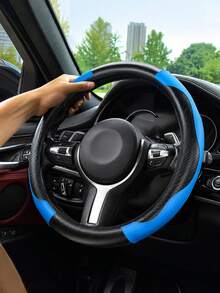 1pc Carbon Fiber Leather Comfortable Car Steering Wheel Cover Without Inner Ring, Car Decor, Suitable For 14.5-15 Inch Steering Wheel, Car Interior Accessory, Unisex, All Seasons - A - View 2