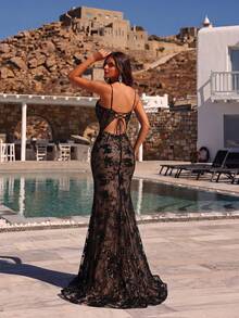 ADYCE Elegant Shiny Spaghetti Strap Lace Backless Mermaid Floor-Length Evening Gown, Suitable For Party And Wedding - Black - View 2
