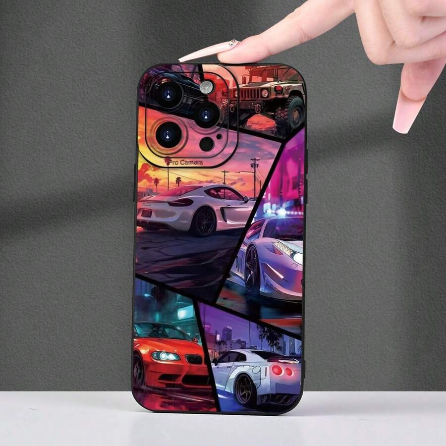 1件裝 賽車圖案 黑銀配色手機殼,相容 Apple 手機 - 彩色 - 查看 1