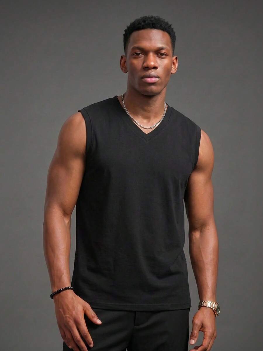 Camvyn Men's Summer Casual Versatile Slim Fit V-Neck Tank Top - Black - View 1