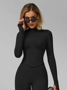 Jaket Yoga MFVIM Lembut dan Elastis, Potongan Slim Fit Lengan Panjang dengan Resleting dan Kerah Tegak - Hitam - View 8