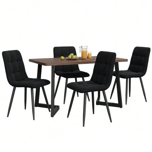Dining Set (5-Piece), Dining Table With 4 Chairs, Modern Kitchen Table Set, Wood Grain Kitchen Table With Black Metal Legs, Walnut-Colored MDF Tabletop, Black Velvet Dining Chairs - 自然色 - 查看 1