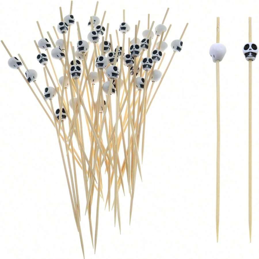 400pcs/200pcs/50pcs/20pcs/10pcs White Halloween Skull Shaped Bamboo Decorative Picks, Natural Raw Bamboo Material, Precision Polished No Burrs, Dark Humorous Skull Head Design, Suitable For European Halloween Theme Party, Western Restaurant Cold Dish Plating, Home Party Fruit Dessert, Holiday Gathering Snack Plating Atmosphere Decoration Props - Multicolor - View 1