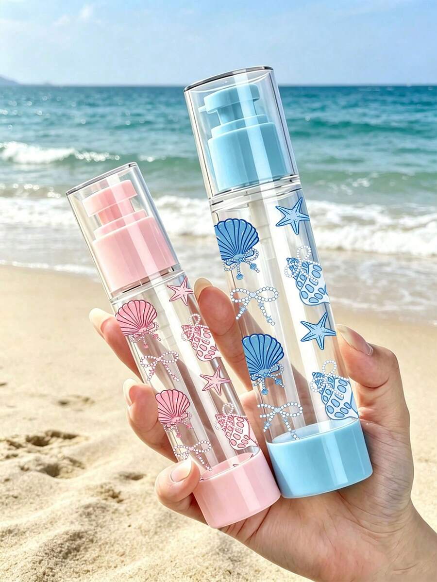 30/50ml Beach Shell & Starfish Pattern Refillable Vacuum Lotion Dispenser Bottle, Compact Pump Head, Travel Cosmetic Essential, Basic Cosmetic Vacuum Pump Bottle, Transparent Travel Size, Travel Cream Pump Bottle Set, Portable Airless Cosmetic Sample Container, Business Travel Essential, Easy To Carry - Multicolor - View 1
