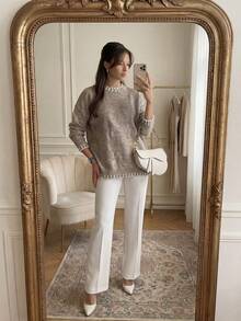 ODALIA Women's Mature Elegant Style, Women's V-Neck Knit Sweater, Decorated With White Contrast Knit Trim, Long Straight Sleeves, Regular Length, High Elasticity Daily Top, Fall Casual 2026 New Arrival, Fall Top, Women's Autumn/Winter Clothing, Women's Elegant Top, Fall Clothing, Back To School Season - Khaki - View 1