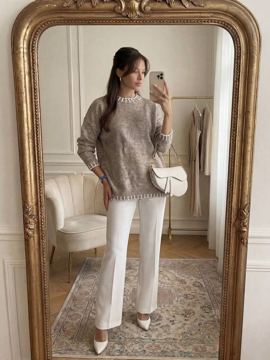 ODALIA Women's Mature Elegant Style, Women's V-Neck Knit Sweater, Decorated With White Contrast Knit Trim, Long Straight Sleeves, Regular Length, High Elasticity Daily Top, Fall Casual 2026 New Arrival, Fall Top, Women's Autumn/Winter Clothing, Women's Elegant Top, Fall Clothing, Back To School Season - Khaki - View 1
