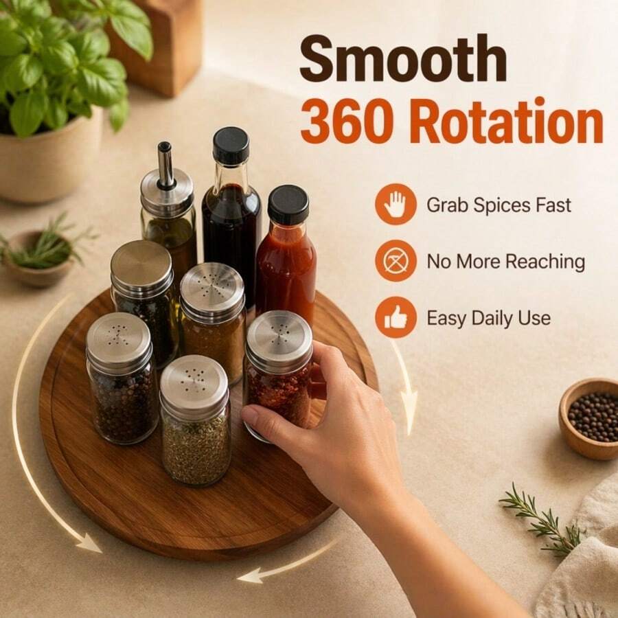 360° Rotatable Round Wooden Turntable, Multifunctional Spice Storage Tray For Kitchen Counter, Cabinet & Bathroom, Easy To Clean, Ideal Gift For Father's Day, Housewarming & Birthday