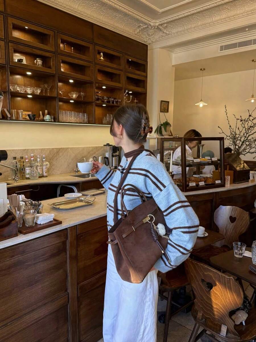 Light Blue & Brown Contrast Minimalist Vintage Striped Knit Cardigan, Round Neck Single-Breasted Loose Fit With Decorative Ribbon, Versatile Commuter Casual Top - Dreamy Blue - View 1
