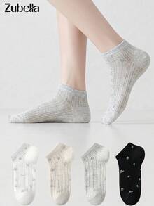 4 Pairs Women's Short Ankle Socks, Minimalist Fashion Comfortable Mesh Forest Style Mid-Calf Socks, Cute Floral Socks, Suitable For All Seasons - Multicolor - View 10