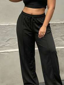 Women's Plus Size Elegant Casual Drawstring Waist Long Pants - Black - View 5