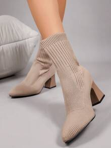 Women's Elastic Knit Sock Boots, Square Toe Chunky Heel Ankle Boots, Slimming Versatile High Heel Ankle Boots For Autumn/Winter, Commute And Daily Wear - Khaki - View 7