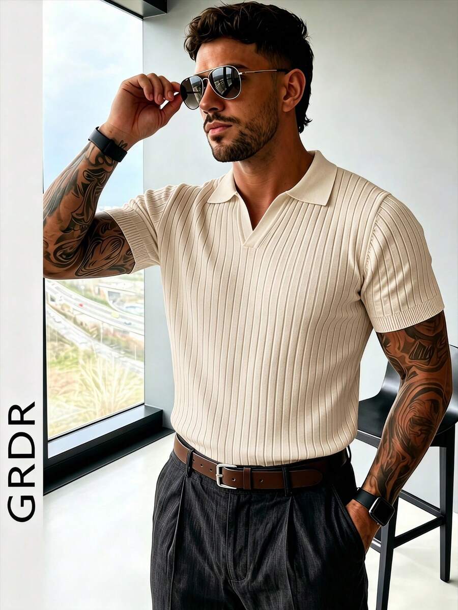 GRDR 男士夏季纯色 Polo 领短袖针织衫，适合夏季外出穿着，时尚造型必备单品
