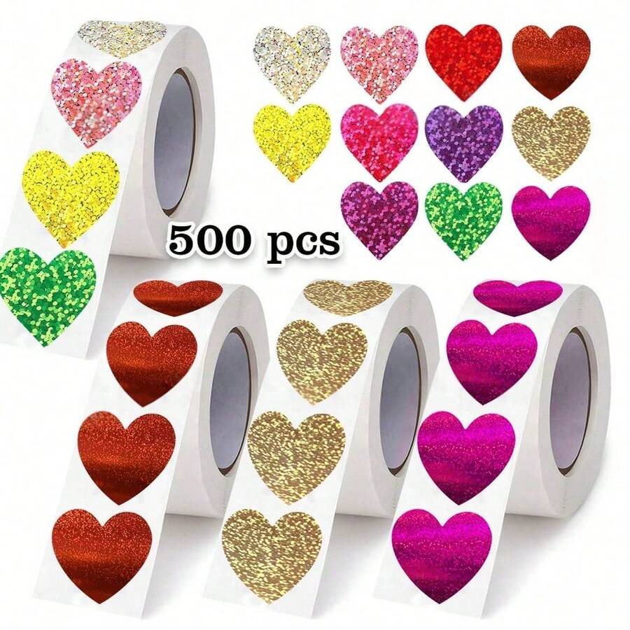 500pcs Holographic Laser Heart Stickers, 1 Inch Rainbow Heart Stickers, Suitable For Party, Wedding, Valentine's Day, Envelopes, Gift Wrapping And DIY Decoration - Multiple Styles - View 1