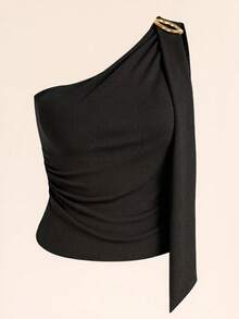 Women's Asymmetrical One-Shoulder Blouse With Padded Cups In Plain Ribbed Fabric - Casual, Basic, And Elegant - 黑色 - 查看 8