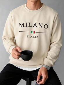 男士春秋休閒時尚 MILANO 印花圓領運動衫 - 杏色 - 查看 1
