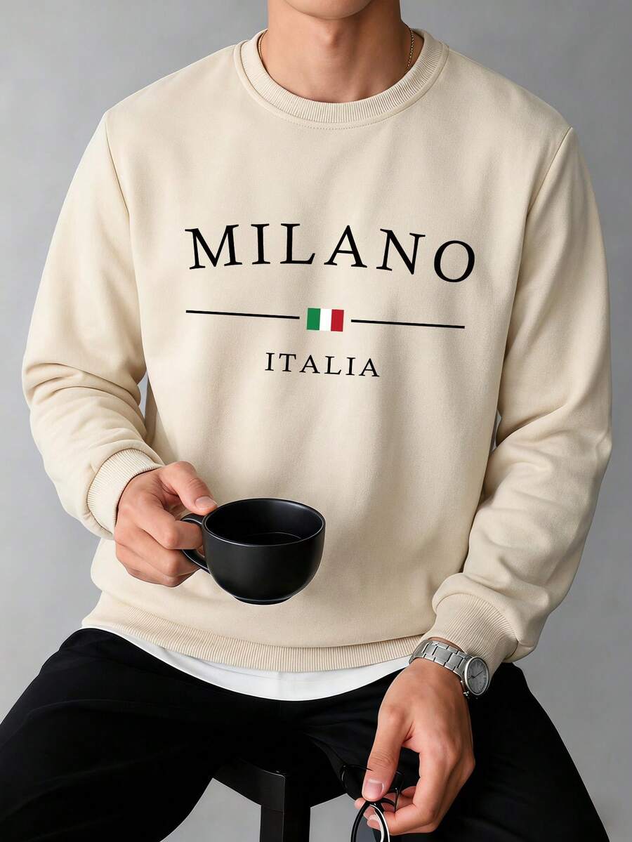 男士春秋休閒時尚 MILANO 印花圓領運動衫 - 杏色 - 查看 1