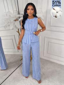 AIJ Women's Elegant Casual 2 Pieces Set, Boat Neck Striped Tank Top Paired With Tie Waist Wide Leg Pants Summer - Blue and White Stripes - View 4
