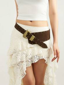 1pc Boho Women's Belt, Western Style Brown Rivet Waist Belt, Wide Belt, Festival Accessories, Vintage Asymmetrical Buckle Rivet Design, Y2K Girl Belt, Matches Coats, Pants, Skirts, Suitable For Casual, Parties, Gatherings, Campus, Music Festivals - Brown - View 7