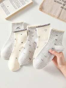 4 pares de calcetines de media caña para mujer con patrón de lazo y corazón, transpirables y cómodos, color aleatorio, adecuados para uso diario y salidas, estilo para todas las estaciones - Multicolor - Ver 3