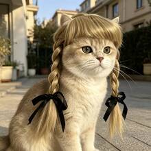 Cute Pet Double-Braid Wig With Black Bow, Suitable For Small/Medium-Sized Dogs And Cats, Braided Hair Accessory For Costumes And Dress-Up, Ideal For Cosplay, Themed Parties, Halloween - Maroon - View 7