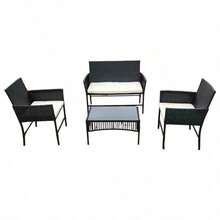 Black 4-Piece Rattan Garden Furniture Set Outdoor Patio Conversation Sofa With Table And Chairs All-Weather Wicker Sectional Set For Yard Pool Or Backyard - Black With Beige Cushions - View 9