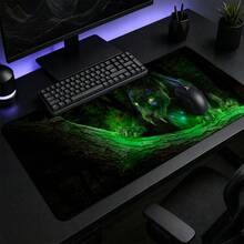 Glowing Green Jungle Leopard Large Gaming Desk Mat, Deep Forest Wildlife Print Non-Slip Rubber Extended Mouse Pad, Waterproof Keyboard Pad, Gaming Desktop Decoration - View 3