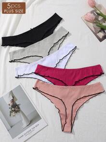 Rosiemei 5pcs Plus Size Women's Ribbed Low Waist Front Bow Thong , Comfortable Triangle G-String Soft T-Back Elastic Panties - Multicolor - View 6