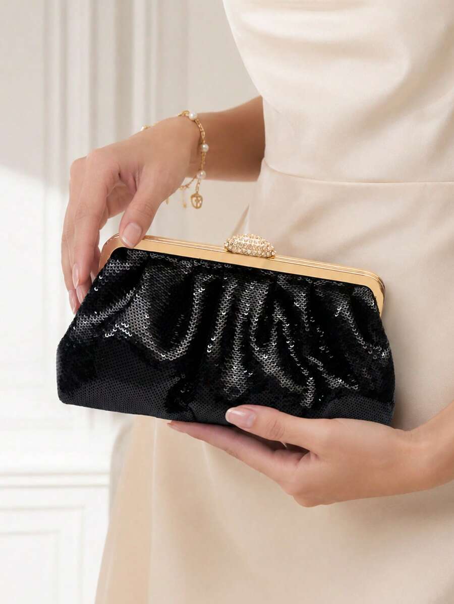 Elegant Ruched Sequined Evening Bag Sparkly Glitter Clutch Purse With Rhinestone Clasp Chain Strap For Women Wedding Party Prom Banquet, Classic Black - Black - View 1