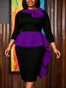 Große Größen Schwarz-Weiß Farbblock elegantes figurbetontes Midi-Kleid mit Rundhalsausschnitt, 3D-Blumen-Peplum, drapiert, für Kirche, Arbeit, Business, Herbst, Party, formelle Anlässe - Violett - Übersicht 5