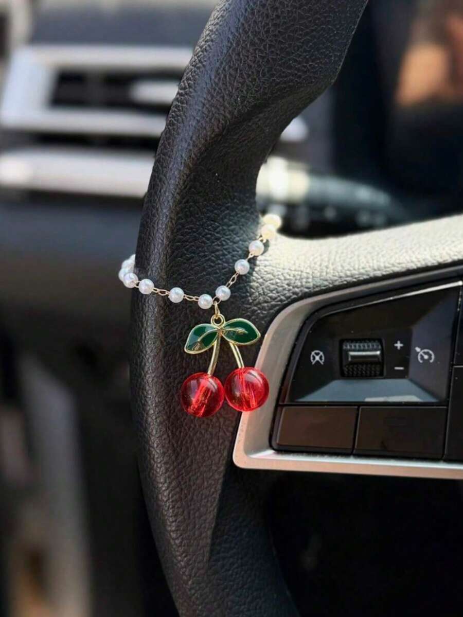 1pc Pearl Chain Cherry Car Pendant Interior Steering Wheel Decoration Car Creative Hanging Decoration Interior Decoration - A - View 1
