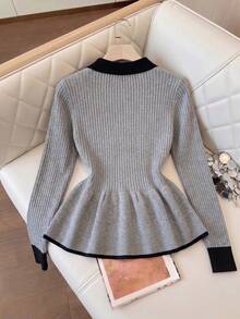 Women's Fashion Long Sleeve Knit Cardigan, Peter Pan Collar With Gold Buttons, Ribbed Knit Casual Top, Autumn/Winter Outfit - Grey - View 7