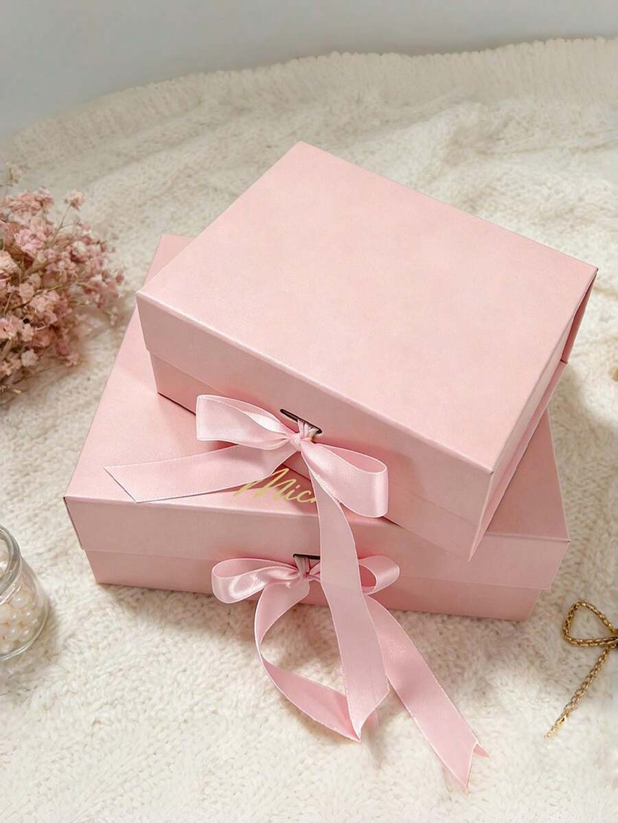1pc Ribbon Gift Box, Foldable, Magnetic Closure, Wedding Gift Box, Bridesmaid Personalized Name Gift Box, Ribbon Gift Box With Lid, Can Be Paired With Bridesmaid Gift Box, Also Suitable For Birthday, Valentine's Day, Bridal Gift, Perfect Choice For Wedding, Birthday Or Any Occasion - Multicolor - View 1