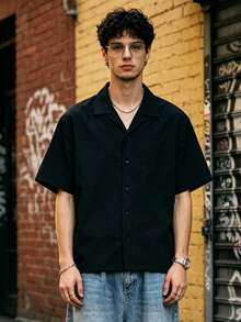 Men's Summer Thin Solid Color Short Sleeve Shirt With Turn-Down Collar, Fashionable Versatile Blouse - Black - View 3