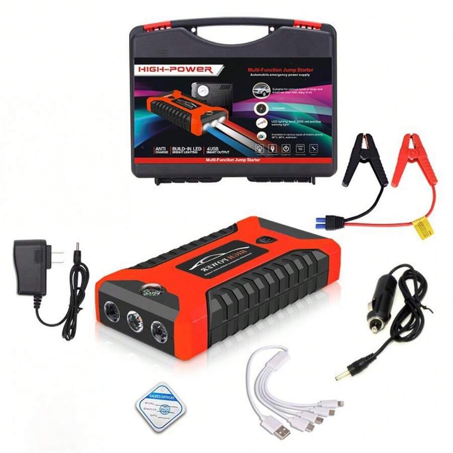 Arrancador portátil para auto de 12 V con banco de energía, 4 puertos USB y luz LED de emergencia, cargador para celular para viajes y camping