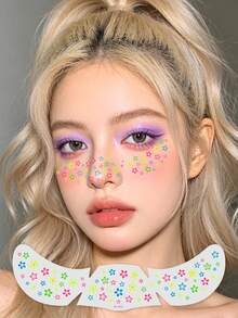 2 piezas Pegatinas de tatuaje de pecas con flores que brillan en la oscuridad y neón, pegatinas faciales florales que brillan en la oscuridad, tatuajes de pecas, tatuajes falsos para fiestas y uso diario - Multicolor - Ver 6
