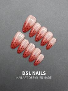 10pcs Almond Press-On Nails With Red Gradient Dotted Blush Design. Soft Gentle Daily Style. Full Nail Tools Included, Sweet Manicure Gift For Ladies. Handmade Press On Nails - Red - View 3