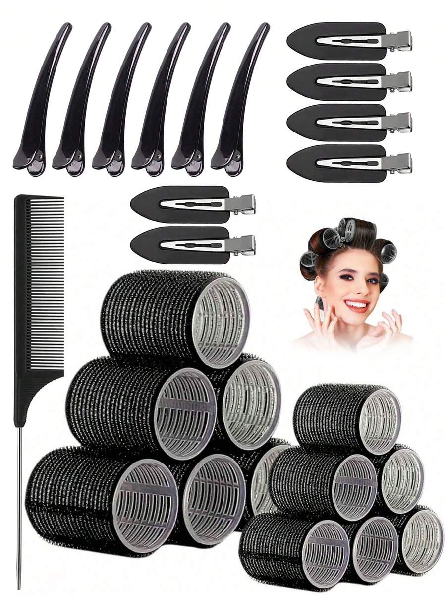 25 peças/Conjunto de Bobes com Presilhas, Bobes Autoadesivos, Adequados para Cabelos Longos, Médios, Curtos e Franjas, Ferramentas de Penteado DIY (Inclui 12 Bobes Grandes + 6 Presilhas de Cabelo de Jacaré + 6 Presilhas de Folha + 1 Pente de Cauda), Volta às Aulas, Acessórios de Cabelo - Preto - Visão 1