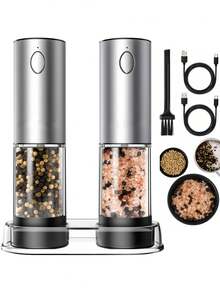 Electric Salt And Pepper Grinder Set, 110ml Large Capacity Rechargeable Automatic Salt And Pepper Grinder, 6-Level Adjustable Coarseness, Electric Salt And Pepper Seasoning Canister With LED Light, Suitable For Kitchen And Hotel Restaurant. Pepper Grinder - Silver - View 2