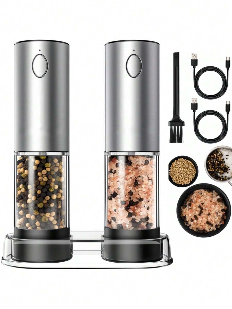 Electric Salt And Pepper Grinder Set, 110ml Large Capacity Rechargeable Automatic Salt And Pepper Grinder, 6-Level Adjustable Coarseness, Electric Salt And Pepper Seasoning Canister With LED Light, Suitable For Kitchen And Hotel Restaurant. Pepper Grinder