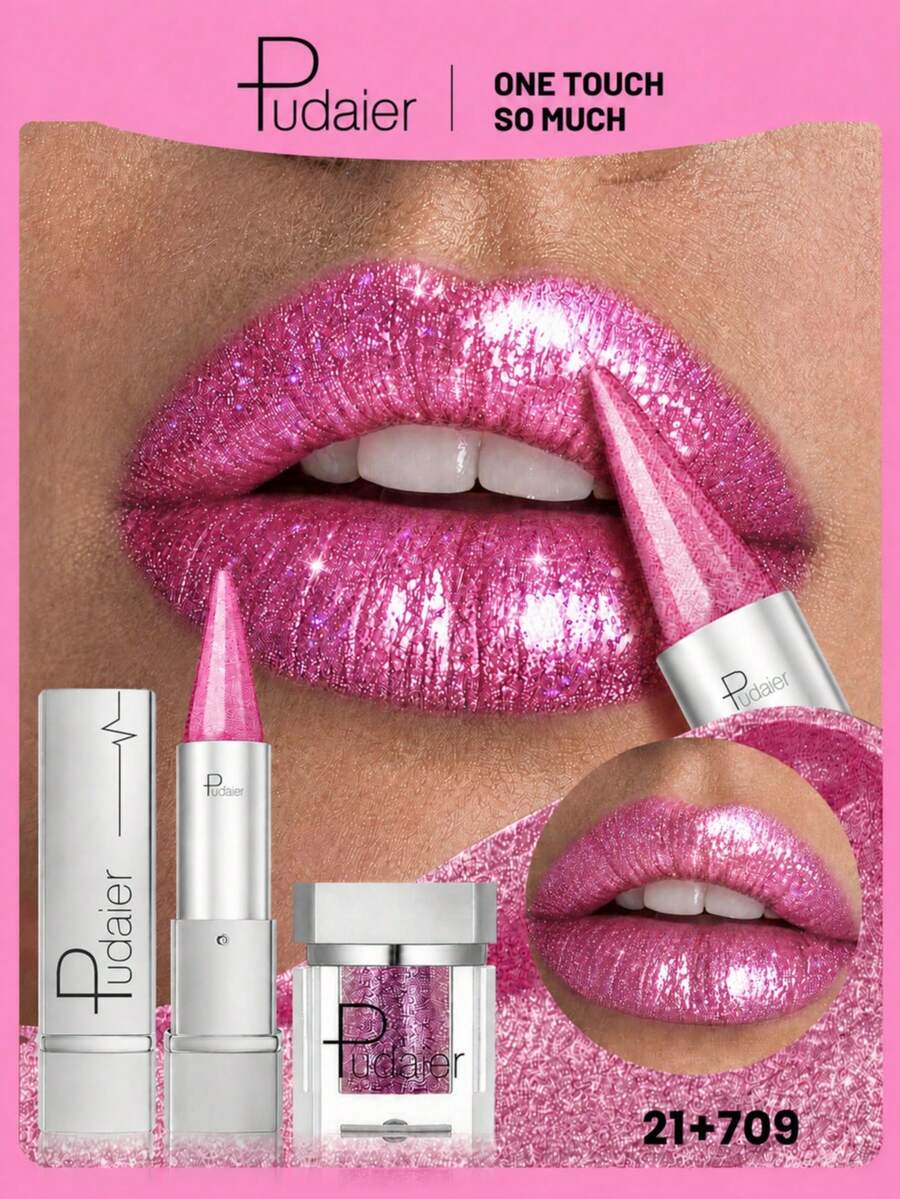 Pudaier Metal Pointed Lipstick & Glitter Sequins Set - Precise Lip Contouring, Smooth Application, Create Charming Lip Makeup, Suitable For Daily And Party Looks, Ideal Gift For Women - 21+709 - View 1