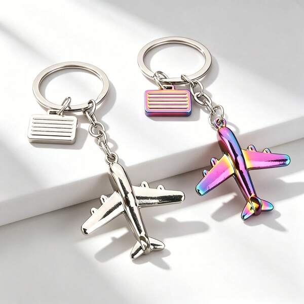 1pc 3D Airplane & Luggage Keychain, Silver & Rainbow Zinc Alloy Material, Suitable For Travel Accessories And Gifts For Travel Lovers