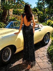 UNITHORSE Women's Cutout Waist Sequin & Beaded Decor Tank Dress, Elegant & Sophisticated - Black - View 3