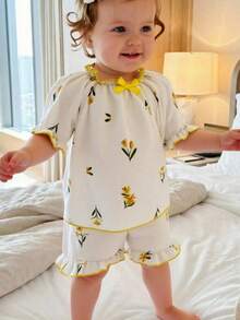 2pcs Girls' Sleepwear Set, Yellow Floral Print Puff Sleeve Ruffle Collar Top + Shorts, Breathable Comfortable Casual Homewear For Spring/Summer - Yellow - View 2