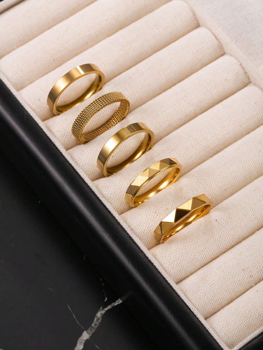 5件組金色不鏽鋼戒指 4mm寬細戒 男士戒指 刻面戒指 送給丈夫、同學、男友的禮物,日常配戴,精選禮物 - 金色 - 查看 1