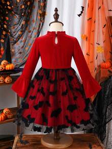 Halloween Girls Fashion Rhinestone Velvet Bat Mesh Dress - Red - View 3