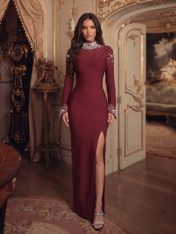 New Elegant Women's Fitted Heavyweight Bandage Maxi Dress, Stand Collar Flare Sleeve, Luxury Pearl Design Maxi Dress