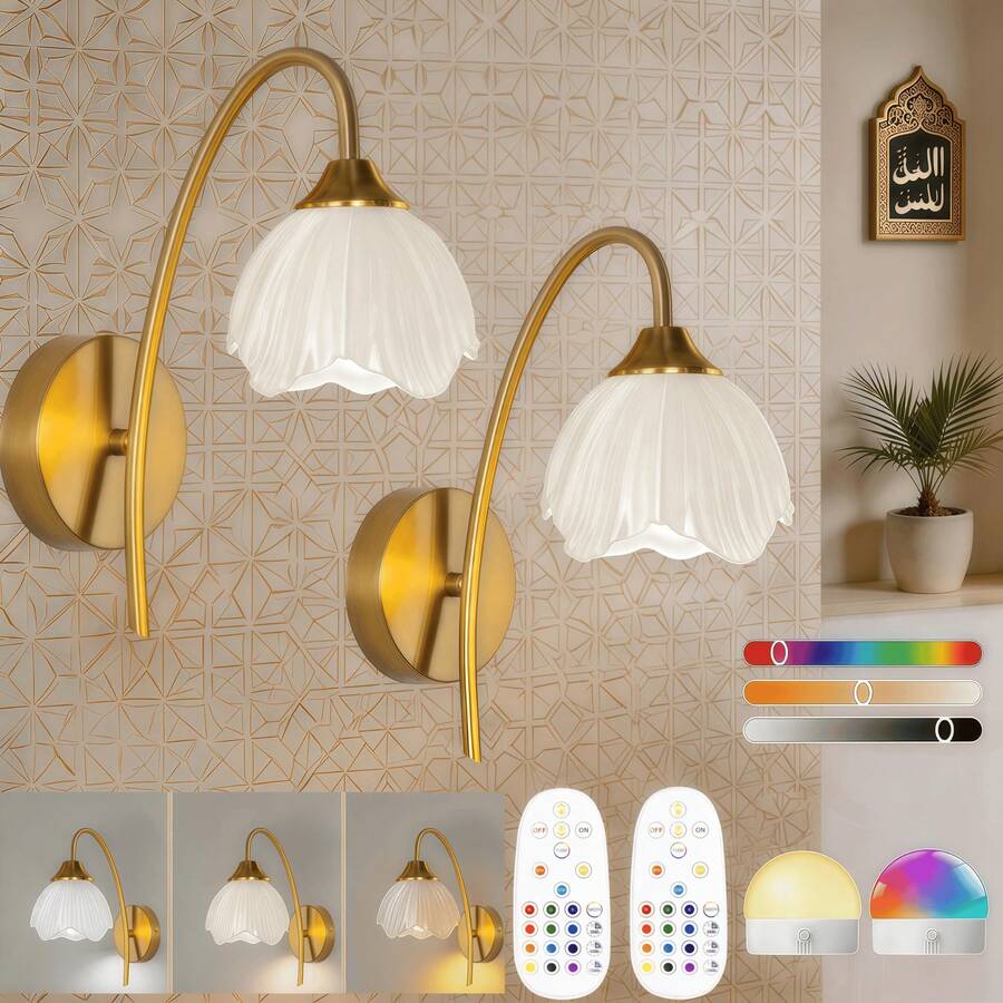 Battery Powered Wall Lamp, Gold Wireless Charging Wall Light With 2000mAh Dimmable Detachable Bulb And Remote Control, 15 Colors Wall Decor, Suitable For Bedroom, Living Room, Hallway