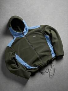 American Outdoor Style Army Green & Light Blue Colorblock Fleece Hooded Jacket, Full Zip Waist-Cinching Loose Warm Jacket - Green - View 5