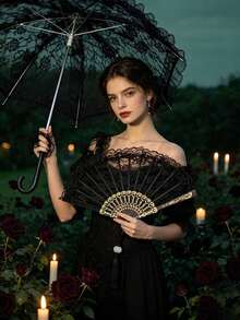 Black Lace Umbrella + Lace Fan With Hanging Pendant, For Festivals. Gothic Style Halloween Accessories In Black, Perfect For Bridal Parties. - Multicolor - View 7