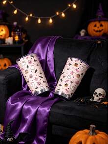 1 pieza/5 piezas Vaso térmico de 20 oz con tema de Halloween rosa lindo, estampado completo de fantasma de dibujos animados lindo, calabaza, lazo y caramelo, taza de viaje con aislamiento al vacío premium, adecuado para amantes de Halloween, viajes por carretera y regalos festivos - Rosa - Elementos de Halloween - Ver 1